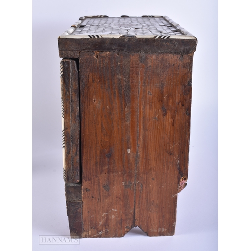 59 - AN ANTIQUE MIDDLE EASTERN OTTOMAN SYRIAN MOTHER OF PEARL BONE INSET CASKET. 38 cm x 32 cm x 16 cm.