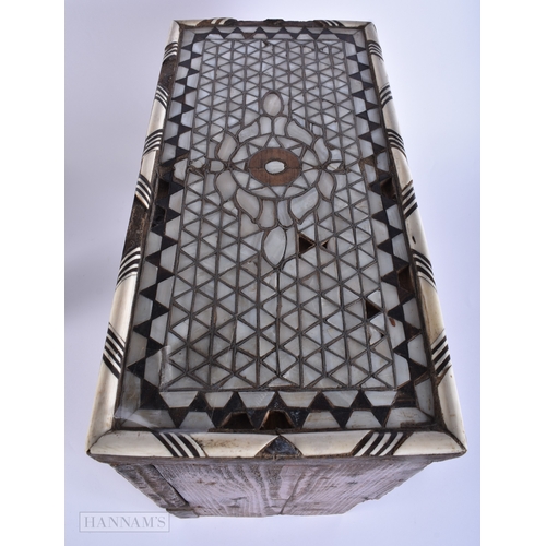 59 - AN ANTIQUE MIDDLE EASTERN OTTOMAN SYRIAN MOTHER OF PEARL BONE INSET CASKET. 38 cm x 32 cm x 16 cm.
