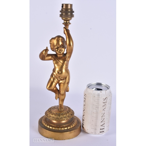 100 - A VICTORIAN GILT BRONZE COUNTRY HOUSE FIGURAL CHERUB LAMP. 30 cm high.