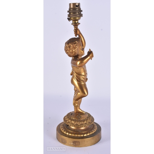 100 - A VICTORIAN GILT BRONZE COUNTRY HOUSE FIGURAL CHERUB LAMP. 30 cm high.
