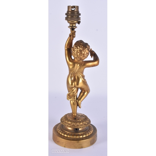100 - A VICTORIAN GILT BRONZE COUNTRY HOUSE FIGURAL CHERUB LAMP. 30 cm high.