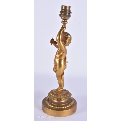 100 - A VICTORIAN GILT BRONZE COUNTRY HOUSE FIGURAL CHERUB LAMP. 30 cm high.