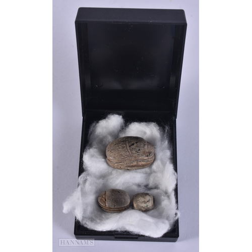 105 - TWO ANTIQUE EGYPTIAN CARVED STONE SCARAB BEETLES together with another similar item. Largest 3.25 cm... 