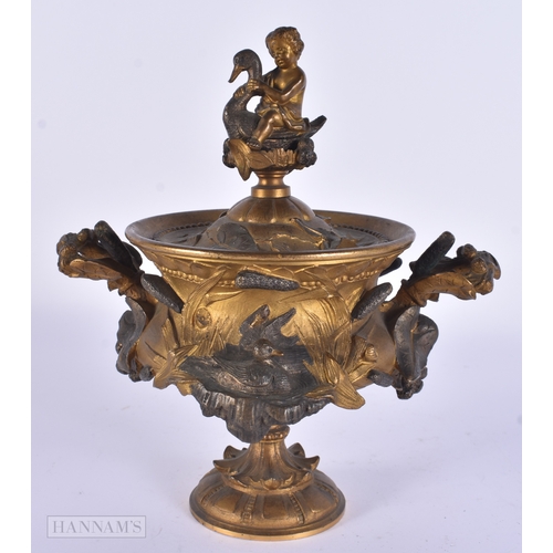 113 - A 19TH CENTURY FRENCH GILT AND PARTIAL BRONZE VASE AND COVER surmounted with a figure riding a swan.... 