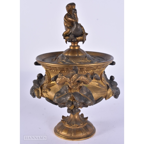 113 - A 19TH CENTURY FRENCH GILT AND PARTIAL BRONZE VASE AND COVER surmounted with a figure riding a swan.... 