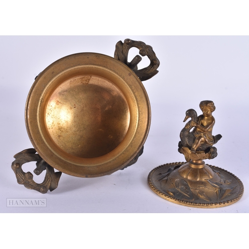 113 - A 19TH CENTURY FRENCH GILT AND PARTIAL BRONZE VASE AND COVER surmounted with a figure riding a swan.... 