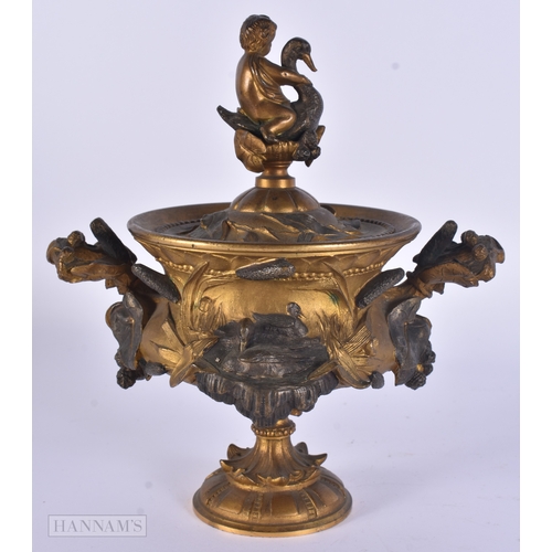 113 - A 19TH CENTURY FRENCH GILT AND PARTIAL BRONZE VASE AND COVER surmounted with a figure riding a swan.... 