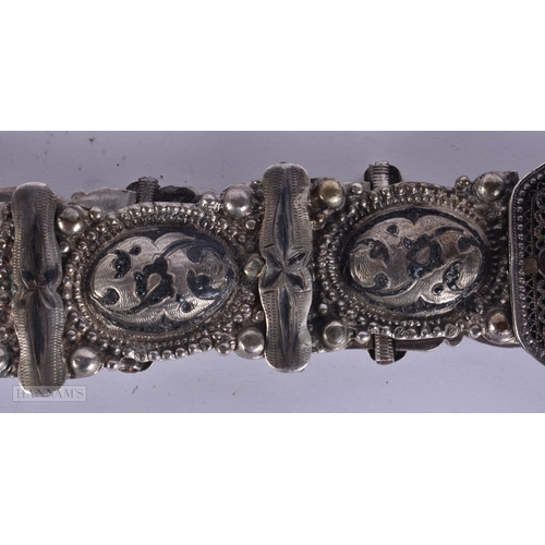 114 - A 19TH CENTURY RUSSIAN SILVER NIELLO BELT decorated with motifs. 427 grams. 75 cm long.