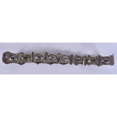 114 - A 19TH CENTURY RUSSIAN SILVER NIELLO BELT decorated with motifs. 427 grams. 75 cm long.
