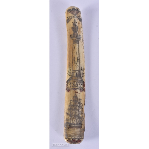 115 - A MID 19TH CENTURY SAILOR ENGRAVED SCRIMSHAW LAST C1862 decorated with a boating scene and memorial.... 