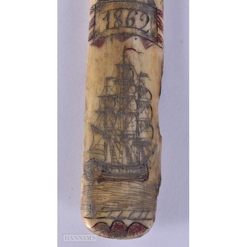 115 - A MID 19TH CENTURY SAILOR ENGRAVED SCRIMSHAW LAST C1862 decorated with a boating scene and memorial.... 