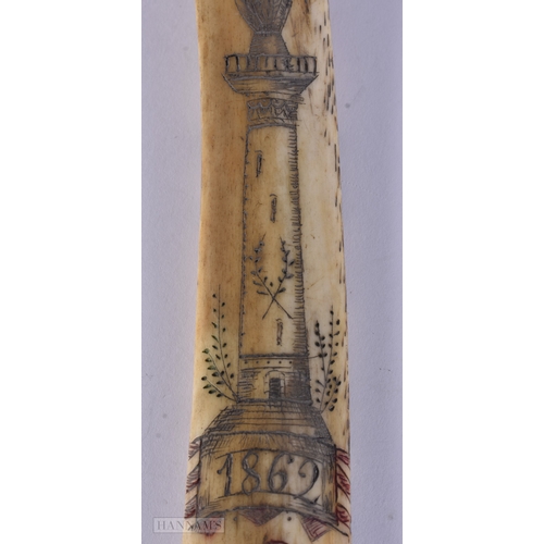 115 - A MID 19TH CENTURY SAILOR ENGRAVED SCRIMSHAW LAST C1862 decorated with a boating scene and memorial.... 