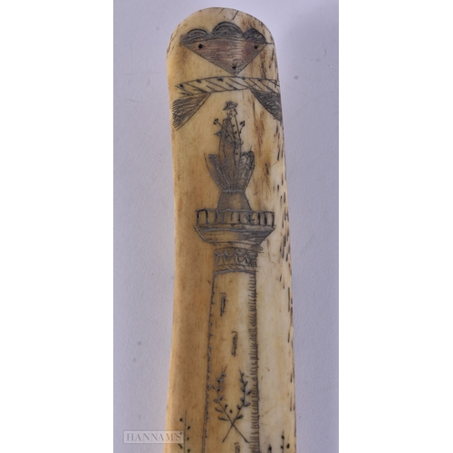 115 - A MID 19TH CENTURY SAILOR ENGRAVED SCRIMSHAW LAST C1862 decorated with a boating scene and memorial.... 