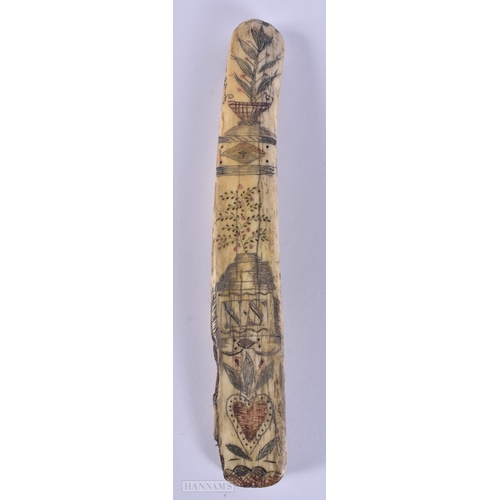 116 - A MID 19TH CENTURY SAILOR ENGRAVED SCRIMSHAW LAST engraved with a whale and initialled IW. 19cm long... 