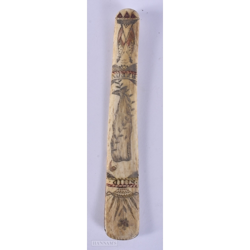 116 - A MID 19TH CENTURY SAILOR ENGRAVED SCRIMSHAW LAST engraved with a whale and initialled IW. 19cm long... 