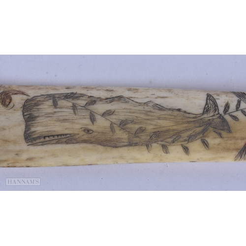 116 - A MID 19TH CENTURY SAILOR ENGRAVED SCRIMSHAW LAST engraved with a whale and initialled IW. 19cm long... 