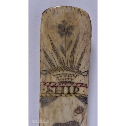 116 - A MID 19TH CENTURY SAILOR ENGRAVED SCRIMSHAW LAST engraved with a whale and initialled IW. 19cm long... 