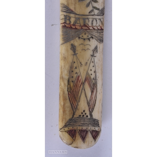 116 - A MID 19TH CENTURY SAILOR ENGRAVED SCRIMSHAW LAST engraved with a whale and initialled IW. 19cm long... 