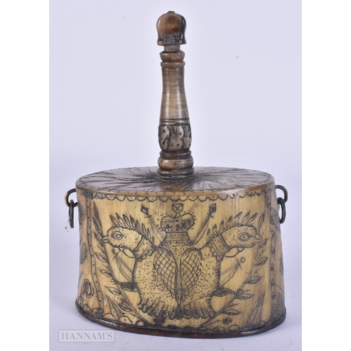 120 - A RARE EARLY 19TH CENTURY CONTINENTAL CARVED SCRIMSHAW HORN POWDER/PRIMING FLASK engraved with boats... 