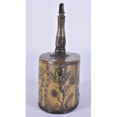 120 - A RARE EARLY 19TH CENTURY CONTINENTAL CARVED SCRIMSHAW HORN POWDER/PRIMING FLASK engraved with boats... 