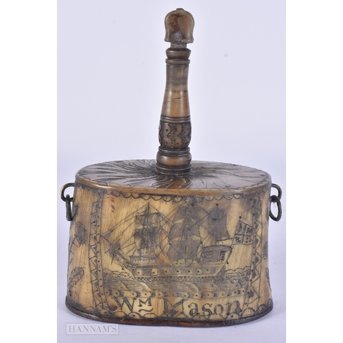 120 - A RARE EARLY 19TH CENTURY CONTINENTAL CARVED SCRIMSHAW HORN POWDER/PRIMING FLASK engraved with boats... 