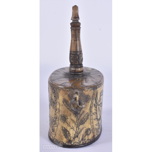 120 - A RARE EARLY 19TH CENTURY CONTINENTAL CARVED SCRIMSHAW HORN POWDER/PRIMING FLASK engraved with boats... 