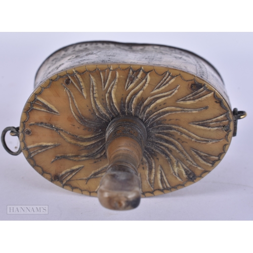 120 - A RARE EARLY 19TH CENTURY CONTINENTAL CARVED SCRIMSHAW HORN POWDER/PRIMING FLASK engraved with boats... 
