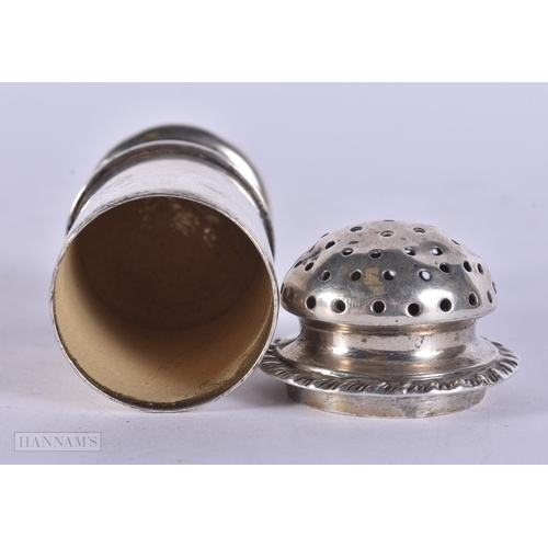 23 - AN 18TH CENTURY ARMORIAL SILVER PEPPER POT. 91 grams. 9.75 cm high.