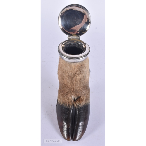29 - A LATE VICTORIAN TAXIDERMY DEER HOOF INKWELL with white metal mounts. 15cm x 10 cm.