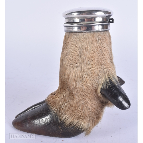 29 - A LATE VICTORIAN TAXIDERMY DEER HOOF INKWELL with white metal mounts. 15cm x 10 cm.