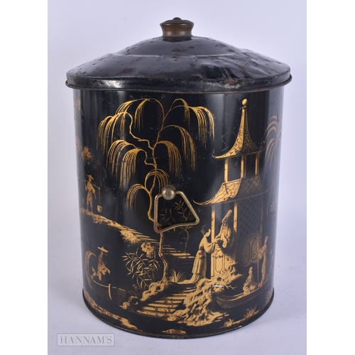 45 - AN ANTIQUE GILDED TOLEWARE CHINOISERIE TEA CANISTER AND COVER. 36 cm x 22 cm.
