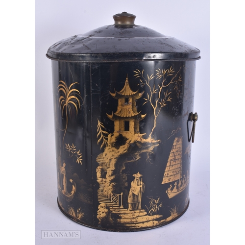 45 - AN ANTIQUE GILDED TOLEWARE CHINOISERIE TEA CANISTER AND COVER. 36 cm x 22 cm.