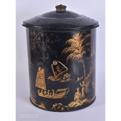45 - AN ANTIQUE GILDED TOLEWARE CHINOISERIE TEA CANISTER AND COVER. 36 cm x 22 cm.