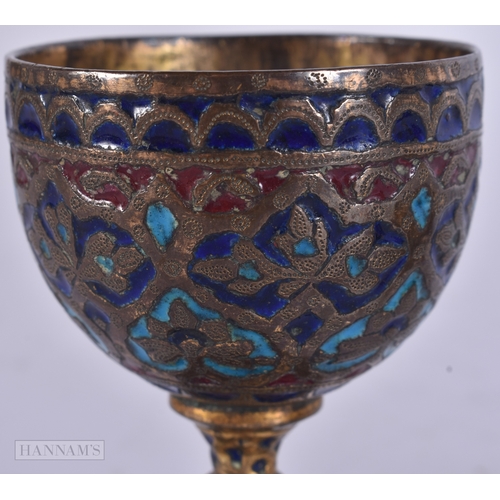 51 - A 19TH CENTURY ISLAMIC BRONZE ENAMELLED MIDDLE EASTERN CUP together with a similar salt. Largest 7.7... 
