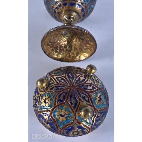 51 - A 19TH CENTURY ISLAMIC BRONZE ENAMELLED MIDDLE EASTERN CUP together with a similar salt. Largest 7.7... 