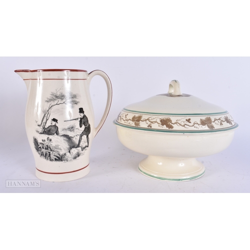 55 - A LARGE EARLY 19TH CENTURY CREAMWARE TUREEN AND COVER together with a similar jug. Largest 23 cm wid... 