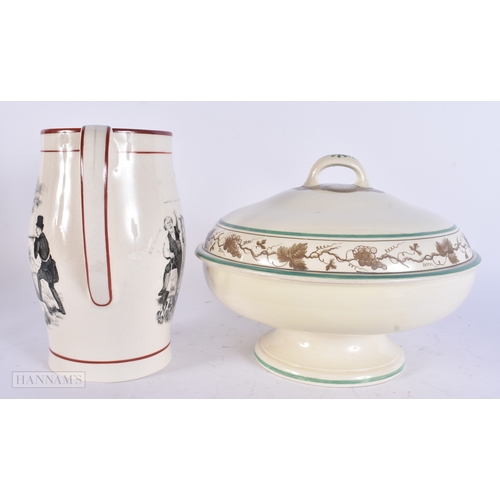 55 - A LARGE EARLY 19TH CENTURY CREAMWARE TUREEN AND COVER together with a similar jug. Largest 23 cm wid... 