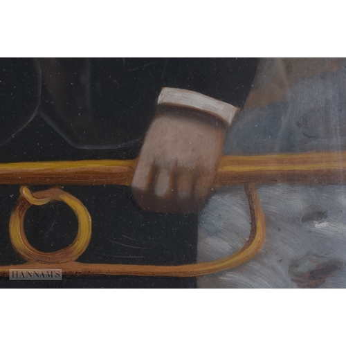 59 - English Naive School (19th Century) Figure with trumpet within a landscape. 78 cm x 68 cm.