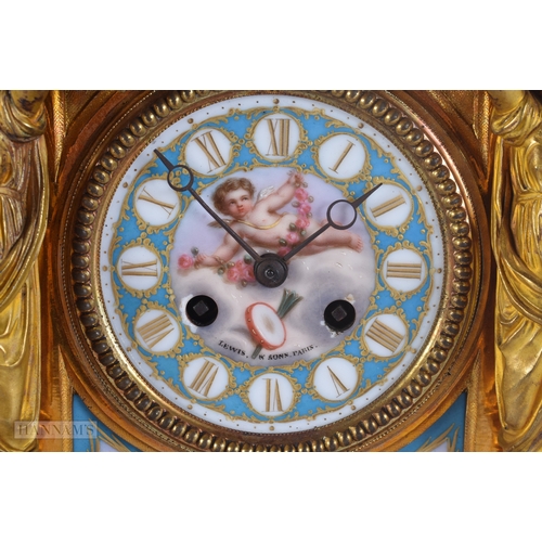 60 - A FINE 19TH CENTURY FRENCH SEVRES PORCELAIN ORMOLU MANTEL CLOCK formed with beautifully painted pane... 