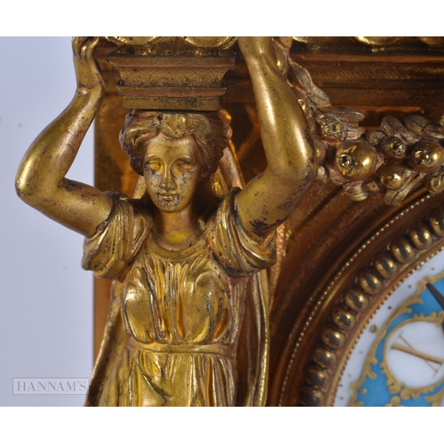 60 - A FINE 19TH CENTURY FRENCH SEVRES PORCELAIN ORMOLU MANTEL CLOCK formed with beautifully painted pane... 