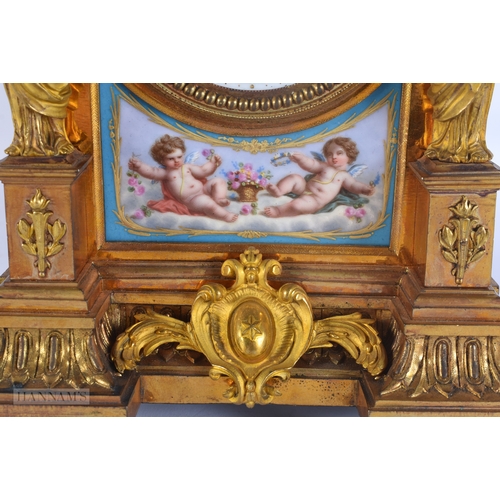 60 - A FINE 19TH CENTURY FRENCH SEVRES PORCELAIN ORMOLU MANTEL CLOCK formed with beautifully painted pane... 