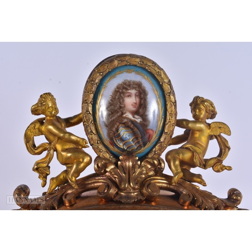 60 - A FINE 19TH CENTURY FRENCH SEVRES PORCELAIN ORMOLU MANTEL CLOCK formed with beautifully painted pane... 