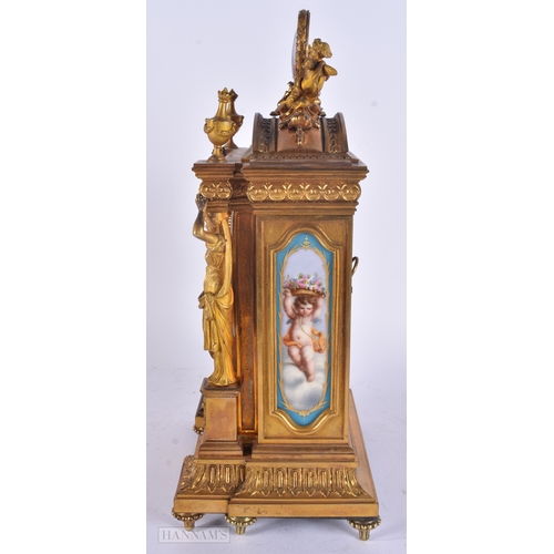 60 - A FINE 19TH CENTURY FRENCH SEVRES PORCELAIN ORMOLU MANTEL CLOCK formed with beautifully painted pane... 