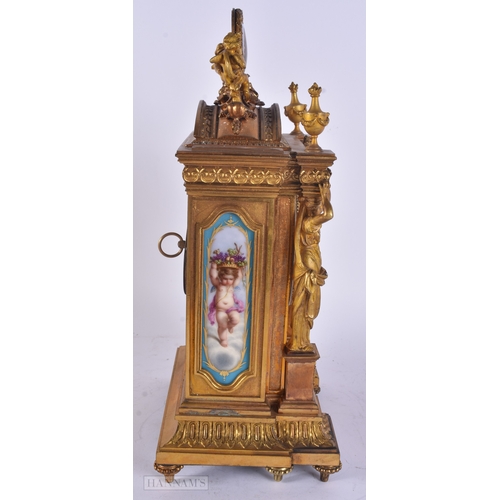 60 - A FINE 19TH CENTURY FRENCH SEVRES PORCELAIN ORMOLU MANTEL CLOCK formed with beautifully painted pane... 