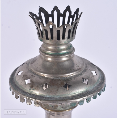 63 - AN UNUSUAL ANTIQUE TIN CASED SILVER PLATED CAMPAIGN TRAVELLING OIL LAMPS. Case 55 cm x 27 cm.