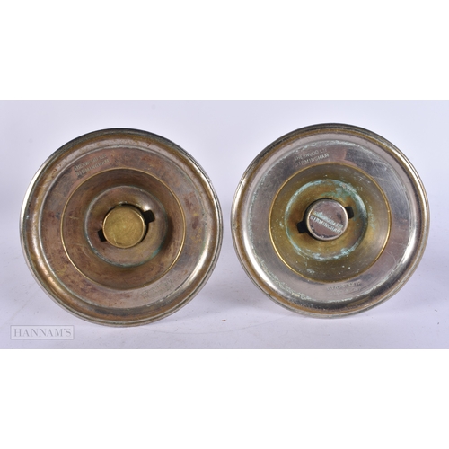 63 - AN UNUSUAL ANTIQUE TIN CASED SILVER PLATED CAMPAIGN TRAVELLING OIL LAMPS. Case 55 cm x 27 cm.