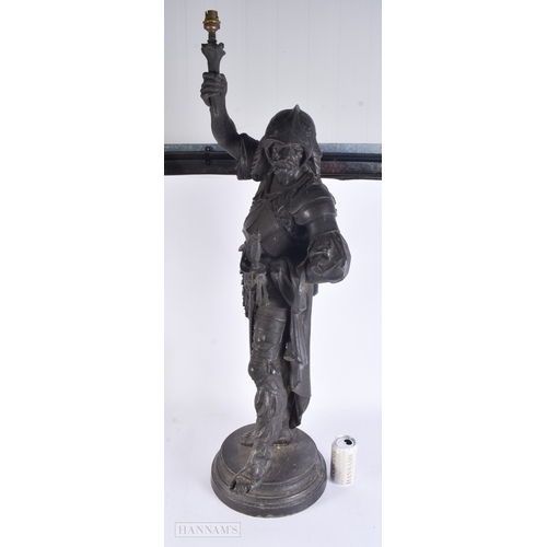 64 - A VERY LARGE VICTORIAN COUNTRY HOUSE SPELTER FIGURAL LAMP formed as a soldier. 107 cm x 22 cm.
