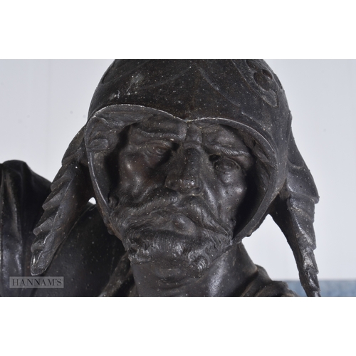 64 - A VERY LARGE VICTORIAN COUNTRY HOUSE SPELTER FIGURAL LAMP formed as a soldier. 107 cm x 22 cm.