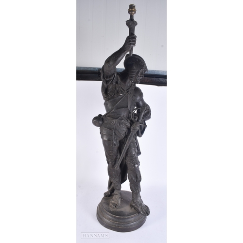 64 - A VERY LARGE VICTORIAN COUNTRY HOUSE SPELTER FIGURAL LAMP formed as a soldier. 107 cm x 22 cm.