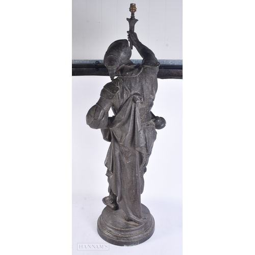 64 - A VERY LARGE VICTORIAN COUNTRY HOUSE SPELTER FIGURAL LAMP formed as a soldier. 107 cm x 22 cm.